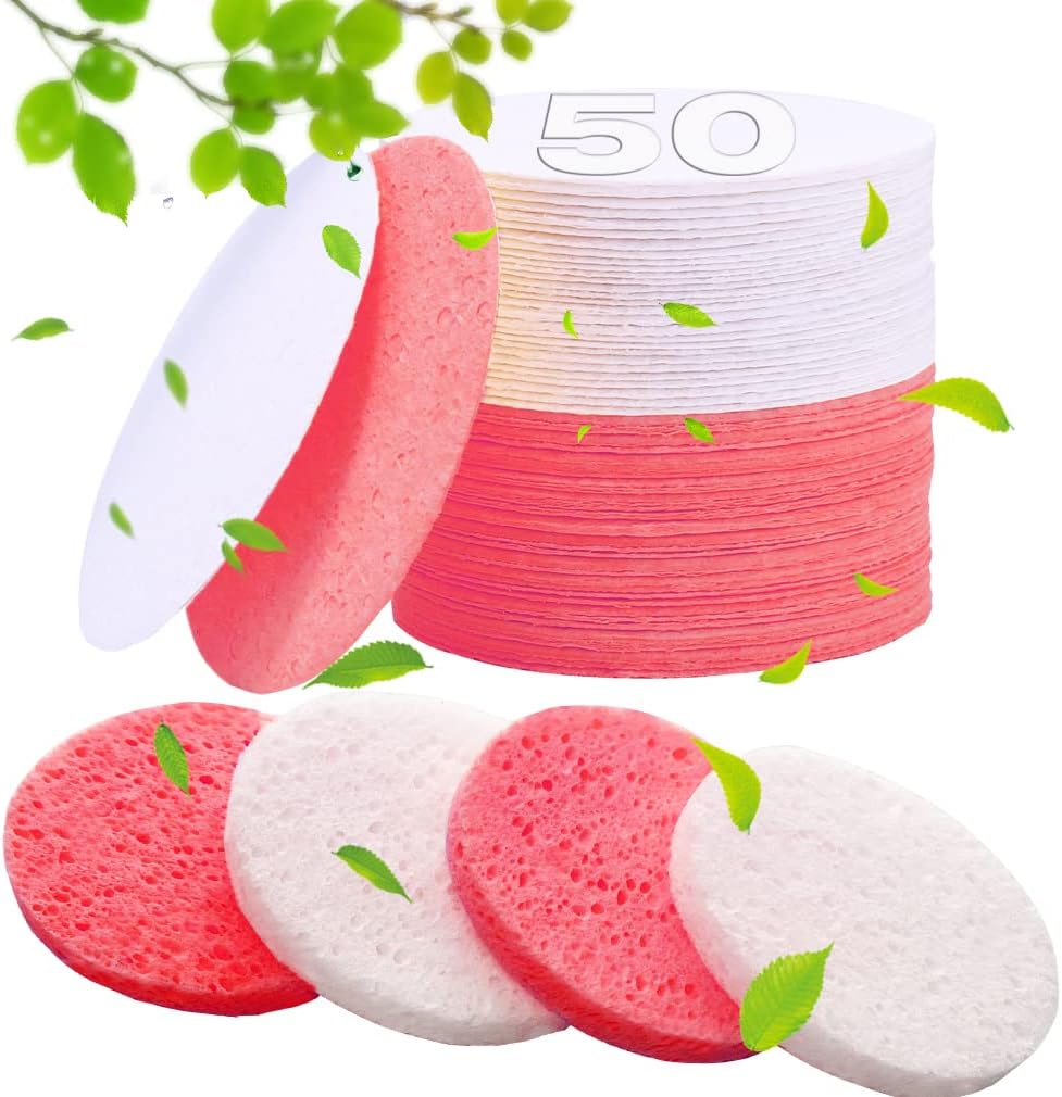 50-Count Compressed Facial Sponges for Estheticians- 100% Natural Cellulose Face Sponge Spa Sponges for Face Cleansing, Massage, Pore Exfoliating, Mask, Makeup Removal (White Pink)