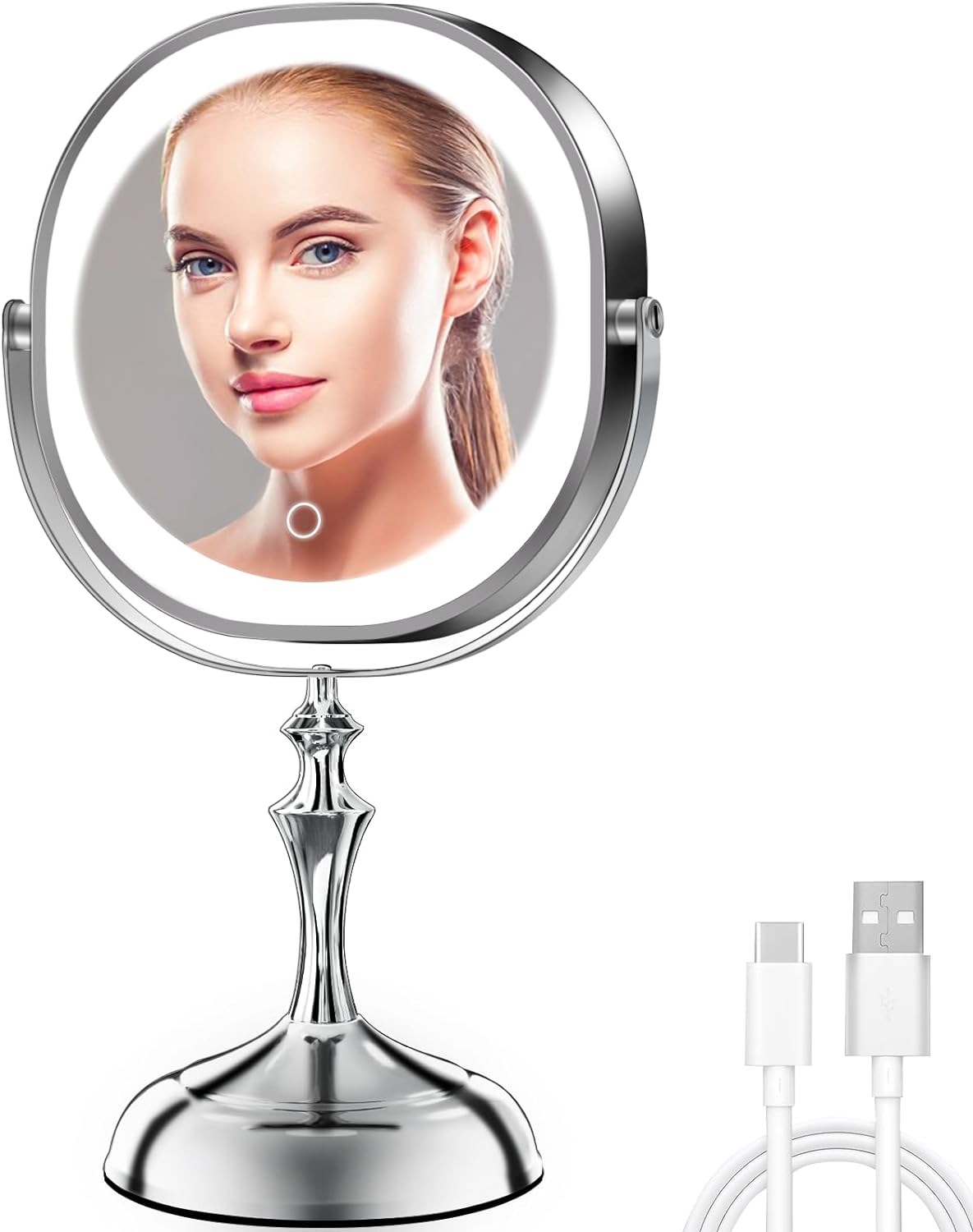 CONLWIN 9 Large Lighted Makeup Mirror, 3000mAh Rechargeable Double Sided Vanity Mirror with 3 Color Lights, 1X/10X Magnifying Desk Mirror with 360 Rotation & Touch Screen (Chrome, Oval)