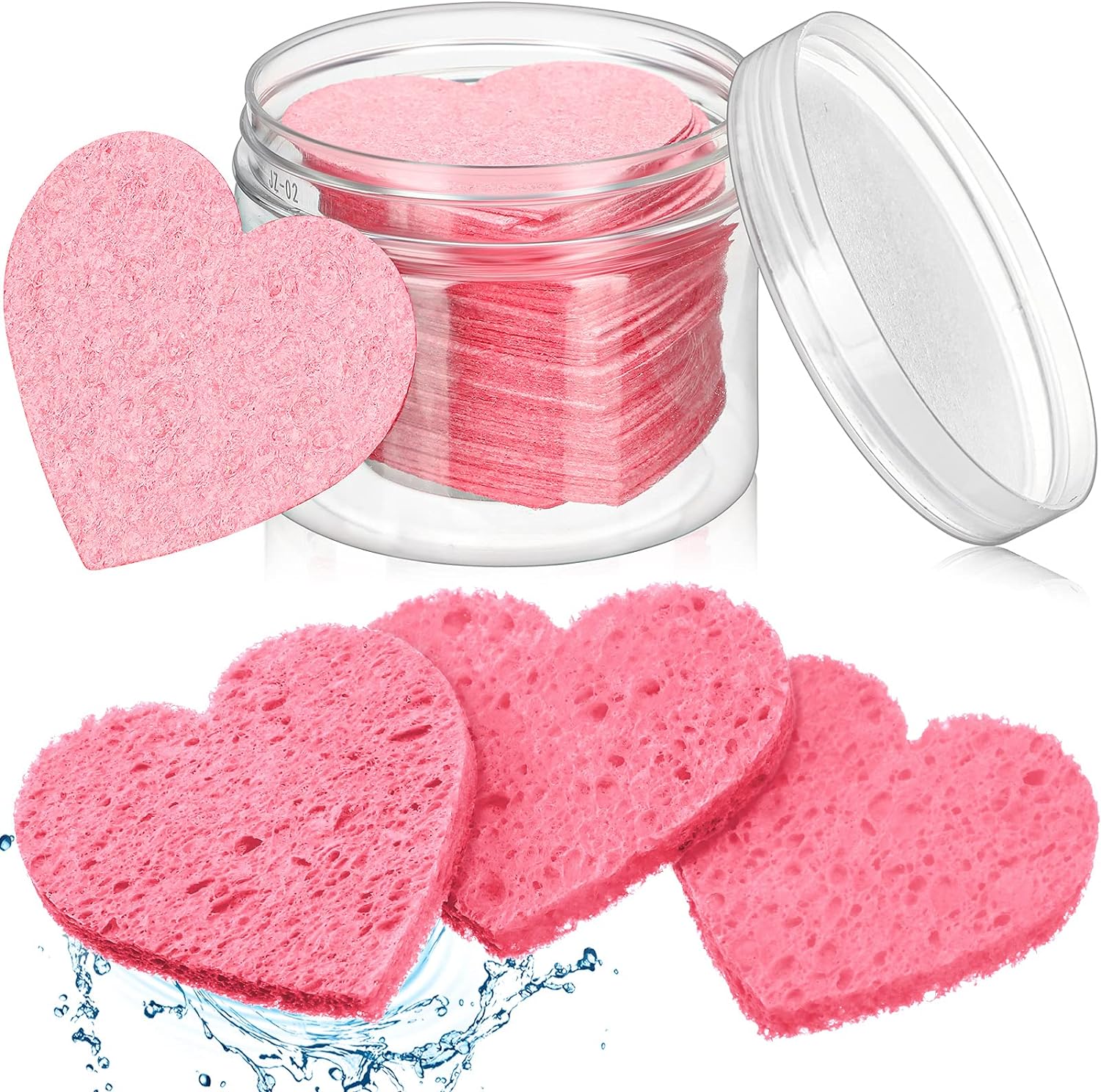 60 Pieces Facial Sponges with Container, Heart Shape Compressed Face Sponge Natural Sponge Pads for Washing Face Cleansing Exfoliating Esthetician Makeup Removal (Pink)