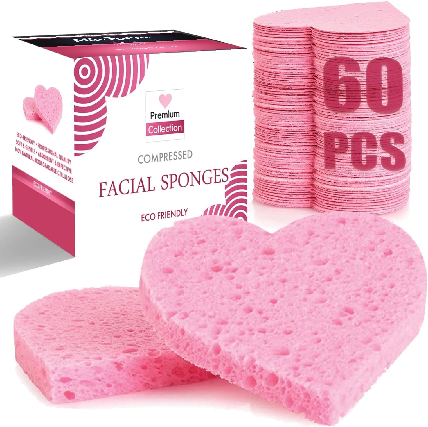 60-Count Compressed Facial Sponges, 100% Natural Cosmetic Spa Sponges for Facial Cleansing, Exfoliating Mask (Pink Heart)