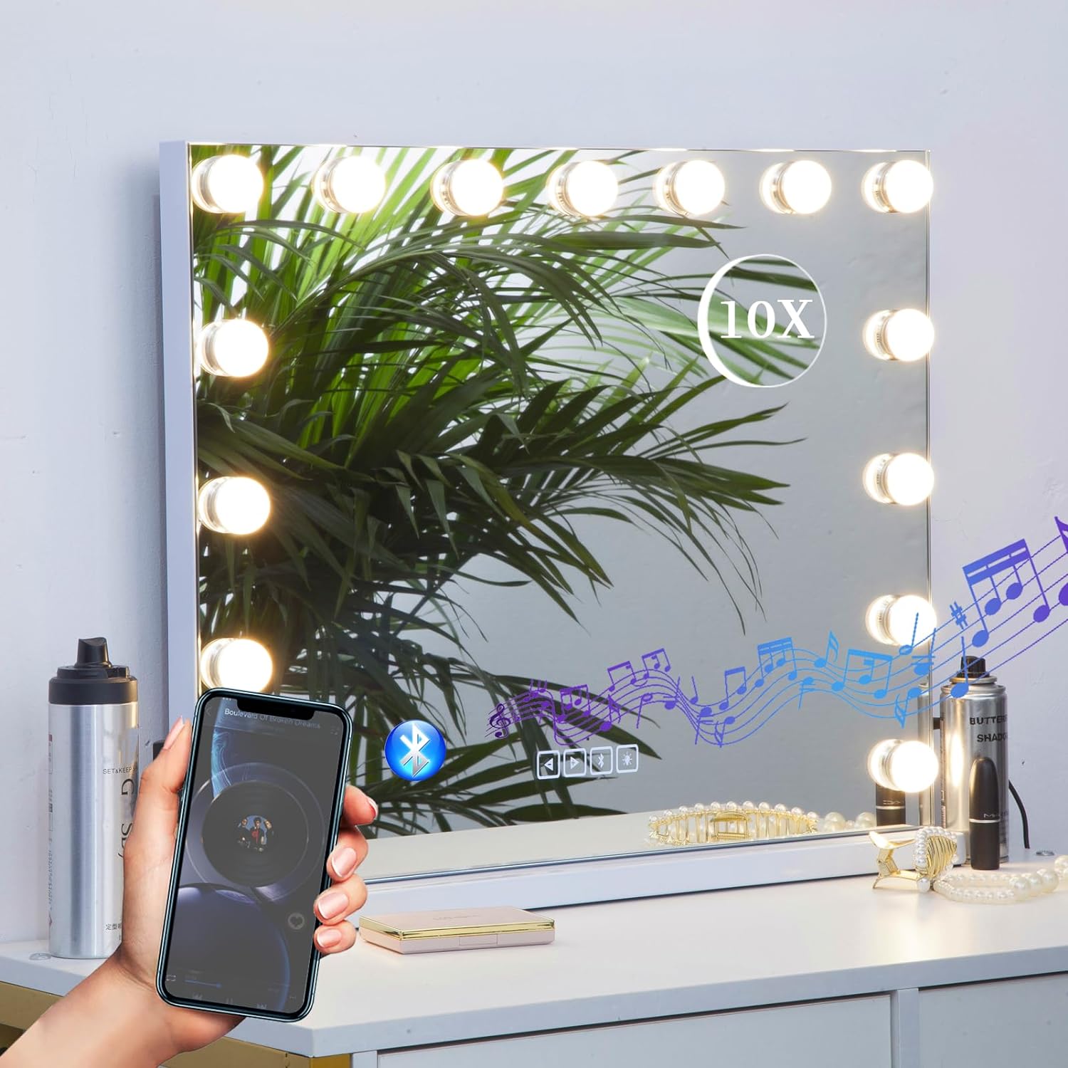 Manocorro Vanity Mirror with Bluetooth Speaker and Lights, Hollywood Makeup Mirror, Large Vanity Lighted Mirror with 15 LED Bulbs, 3 Color Modes, USB Port, Tabletop or Wall-Mounted, 23x18 Inch