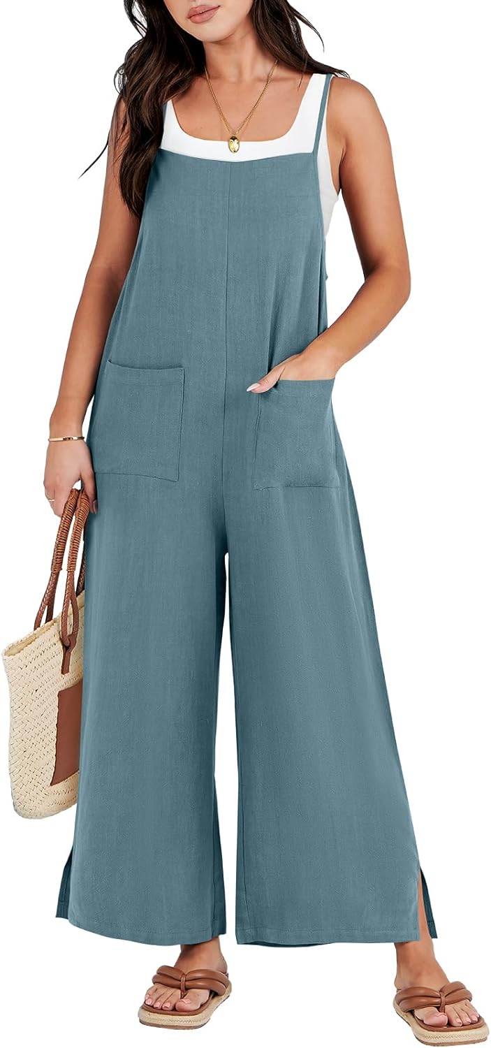 ANRABESS Women Casual Loose Long Bib Pants Wide Leg Jumpsuits Baggy Linen Rompers Overalls with Pockets