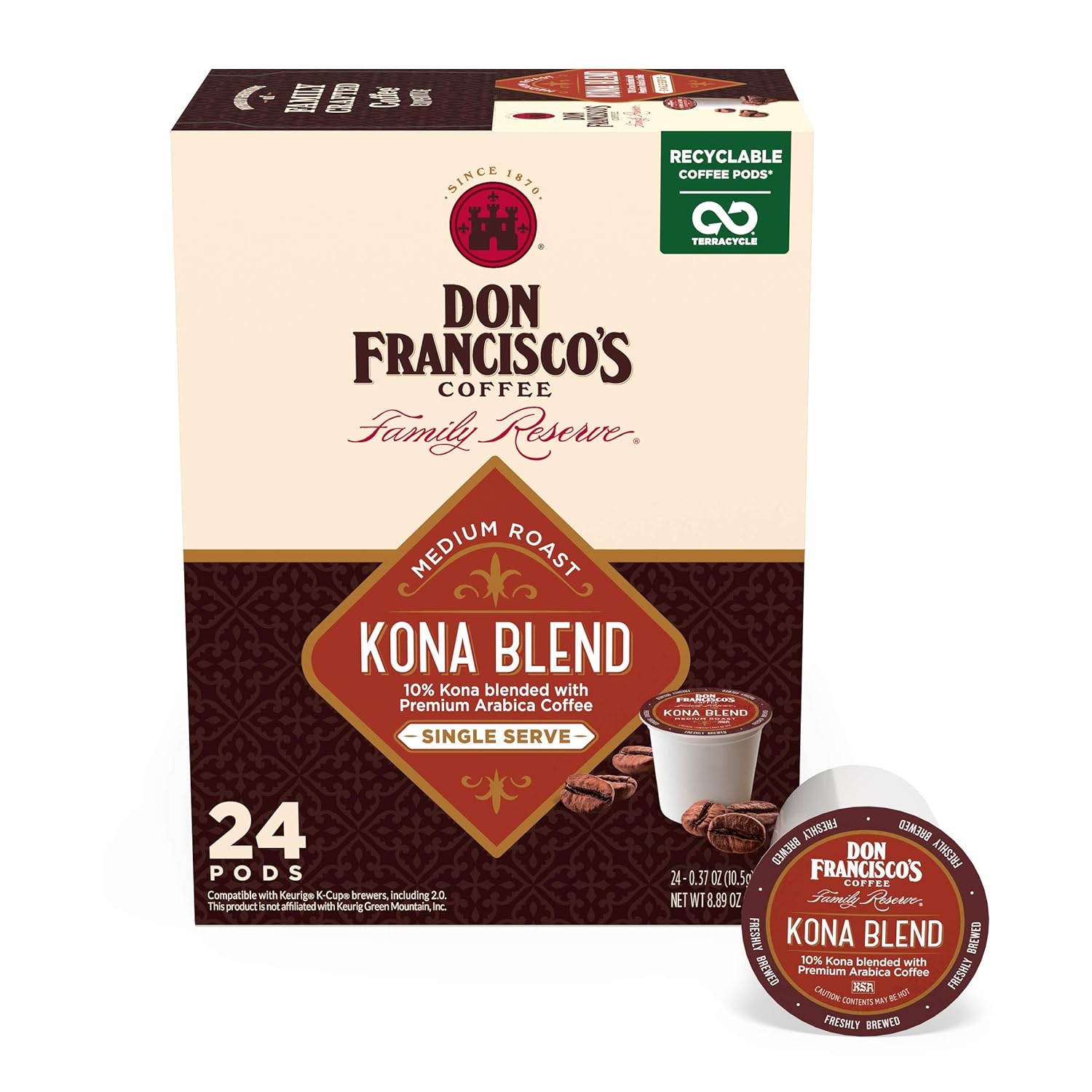 Don Francisco' Kona Blend Medium Roast Coffee Pods - 24 Count - Recyclable Single-Serve Coffee Pods, Compatible with your K- Cup Keurig Coffee Maker