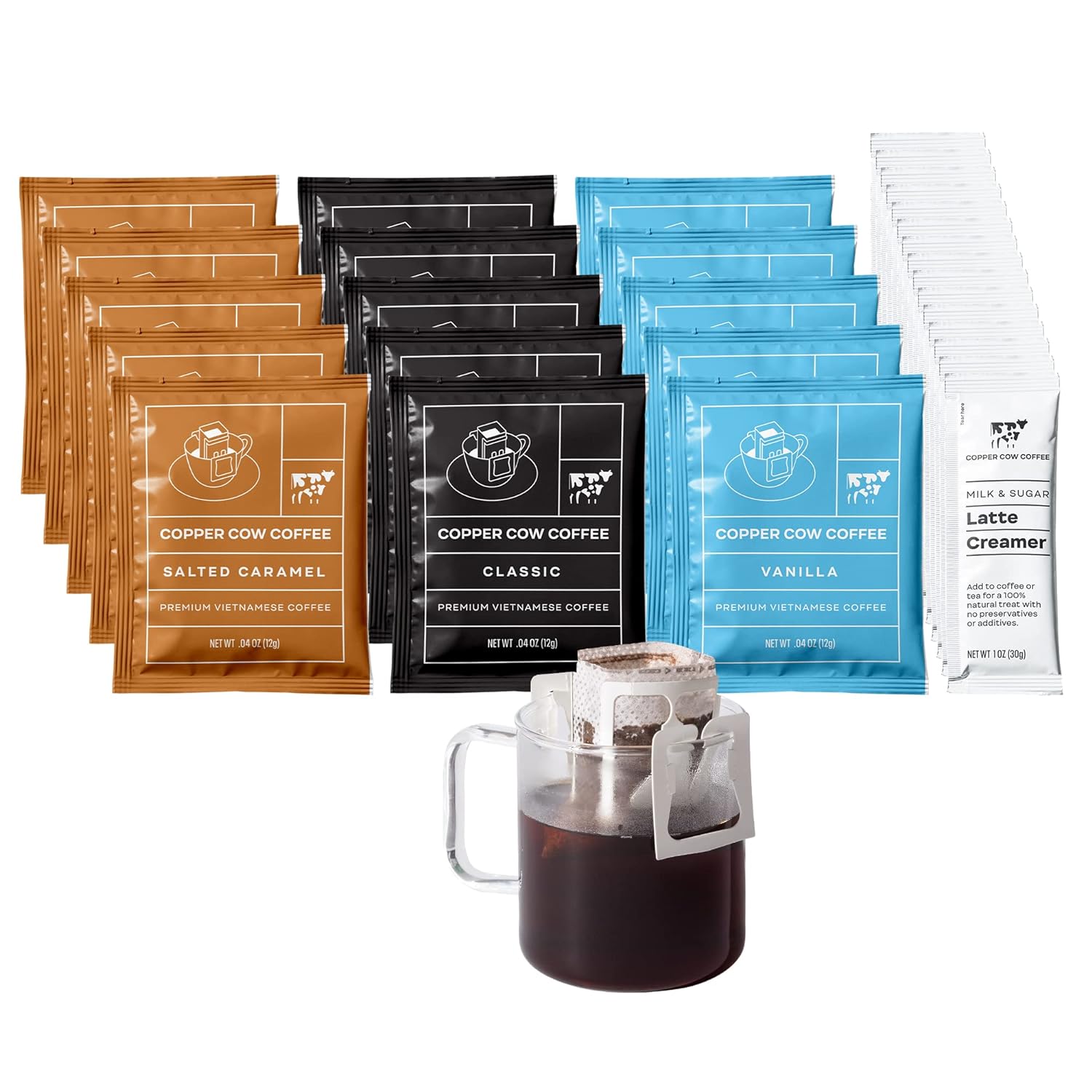 Copper Cow Coffee Vietnamese Pour Over Coffee with Sweetened Condensed Milk Creamer  Single-Serve and All-Natural Pre-Filled Coffee Filters  Classic, Vanilla, Salted Caramel Latte Flavors (15 Pack)