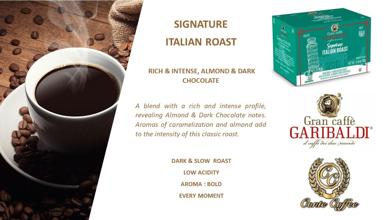 Caff Garibaldi' Coffee Italian Roast, Dark Roast, 72 Count Recyclable Single Serve Coffee Pods for Keurig K-Cup Brewers