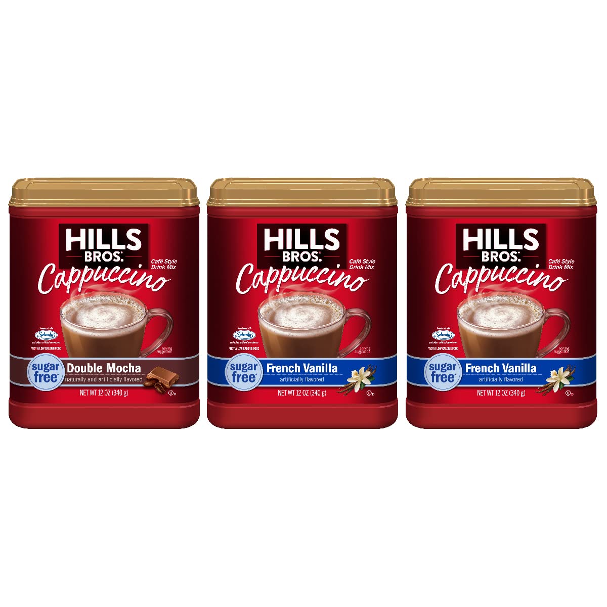 Hills Bros Instant Cappuccino Mix Sugar-Free Variety Pack with (2) Sugar-Free French Vanilla and (1) Sugar-Free Double Mocha Instant Coffee Beverage Mix - 12 Ounce (Pack of 3)