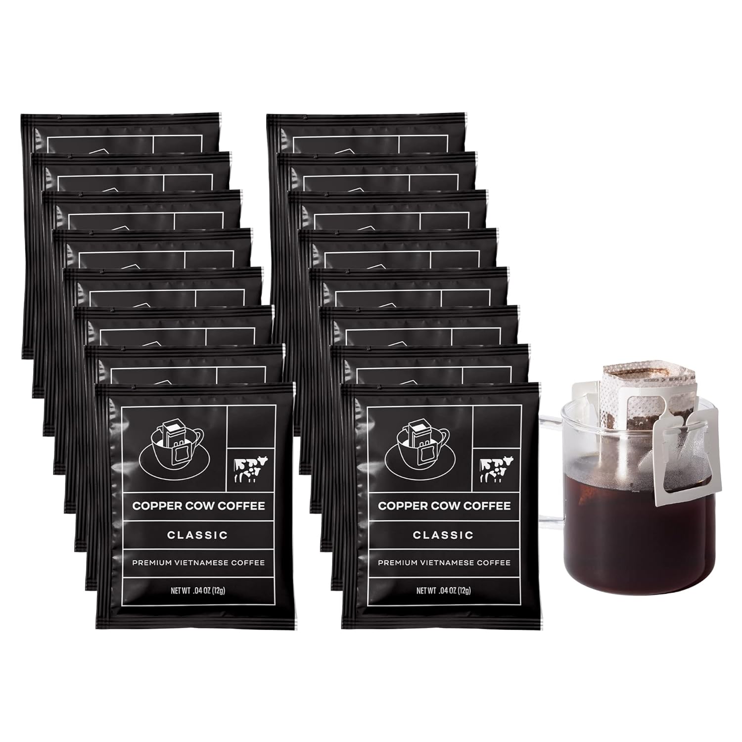 Copper Cow Coffee Premium Vietnamese Coffee: Single-Serve Classic Black Pour Over Coffees, Specialty, Ground, Woman-Owned, Gourmet, Travel, Camping, On-the-Go (includes: 16 classic coffees)