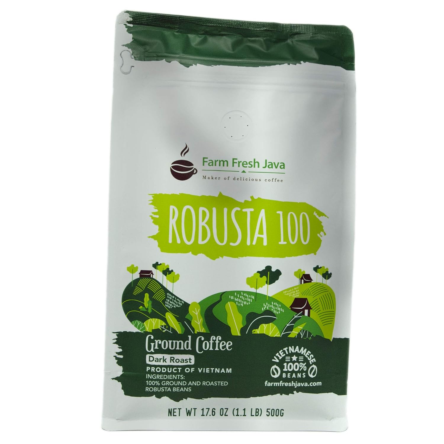 Farm Fresh Java Robusta Ground Coffee - High Caffeine, Keto-Friendly, Dark Roast, Energy Boost - 1.1 lb (500g) - Perfect for Cafe Phin, Iced/Hot Coffee, and Cold Brew