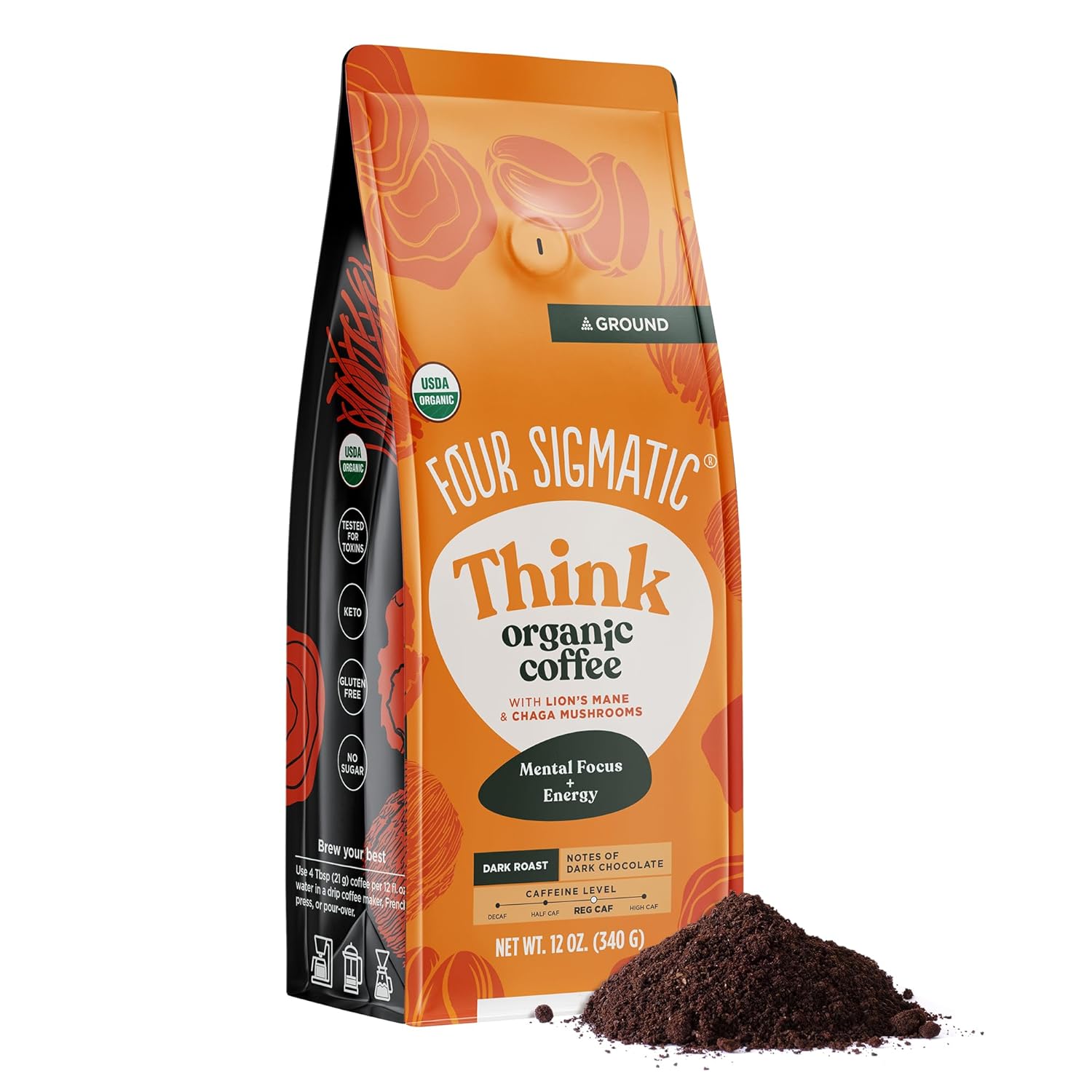 Four Sigmatic Organic Ground Mushroom Coffee | Dark Roast Gourmet Coffee with Lion' Mane & Chaga | 12oz