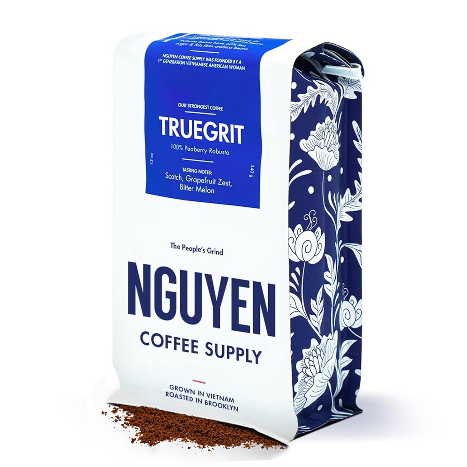 Nguyen Coffee Supply - Truegrit Peaberry Robusta: Medium Roast Ground Coffee Beans, Vietnamese Grown and Direct Trade, Organic, Single Origin, Premium Ground, Low Acid with High Caffeine Content, Roasted in Brooklyn [12 oz Bag]