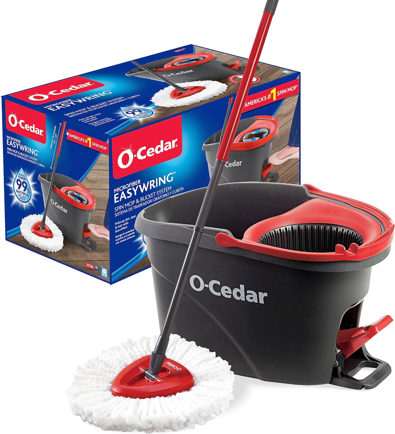 O-Cedar EasyWring Microfiber Spin Mop, Bucket Floor Cleaning System, Red, Gray