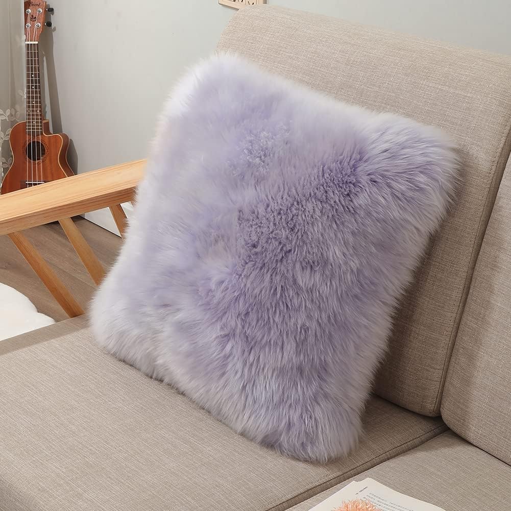 LLB Luxury Genuine Sheepskin Throw Pillow Covers Soft Fluffy Decorative Square Couch Pillow Covers 18x18 Pillowcase Cushion Case for Sofa Bedroom Car Bed, No Pillow Insert Long Wool Taro Purple