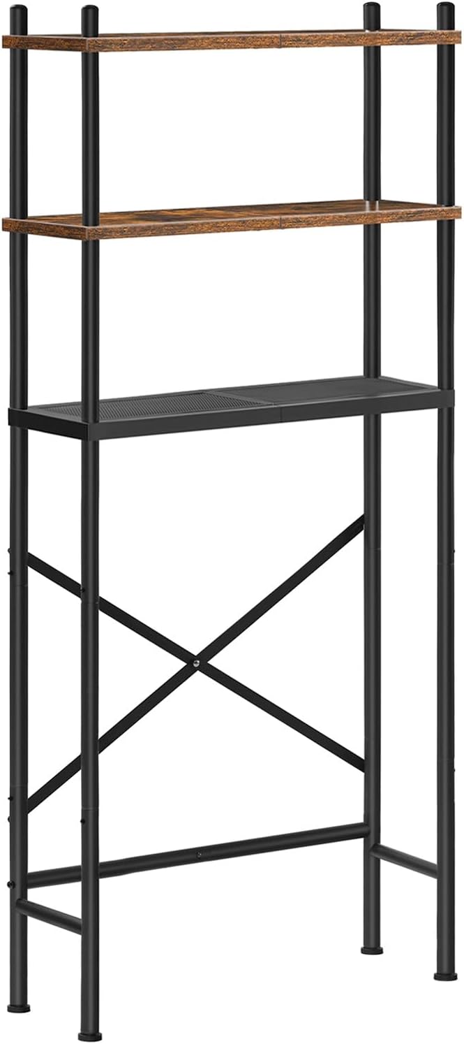 HOOBRO Over The Toilet Storage, 3-Tier Over Toilet Bathroom Organizer, Freestanding Above Toilet Shelf with Adjustable Feet, Space Saving, Easy to Assembly, Rustic Brown and Black BF63TS01