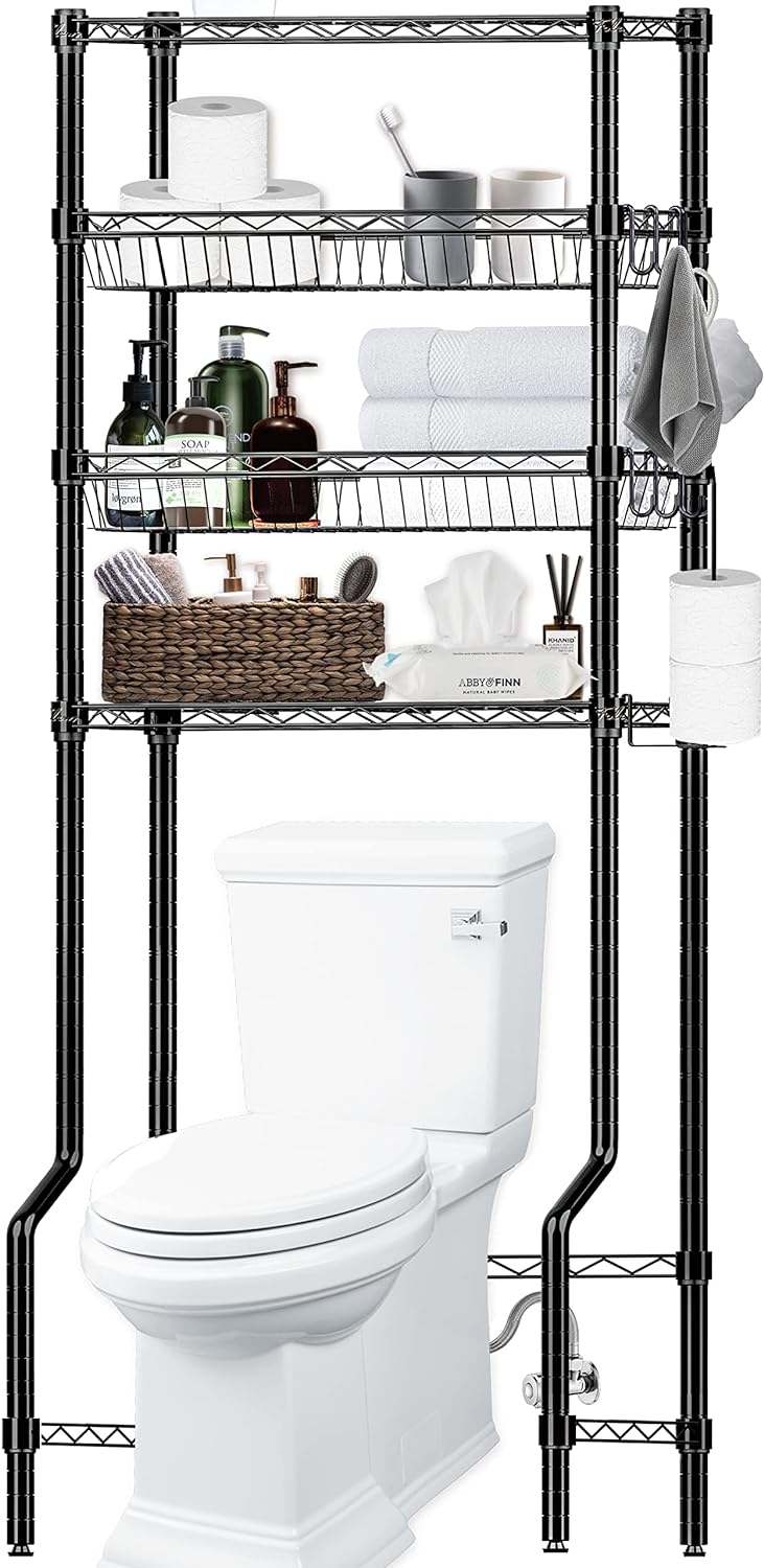 Folews Bathroom Organizer Over The Toilet Storage, 4-Tier Bathroom Shelves Over Toilet Shelf Above Toilet Storage Rack Freestanding Bathroom Space Saver Adjustable Shelves and Baskets, Black