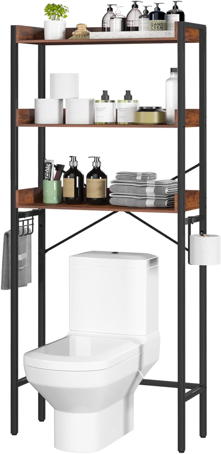 Yoobure Over The Toilet Storage Rack, 3 Tier Bathroom Shelf with Hooks, Organizer Storage, Shelves for Space Saver Above Brown