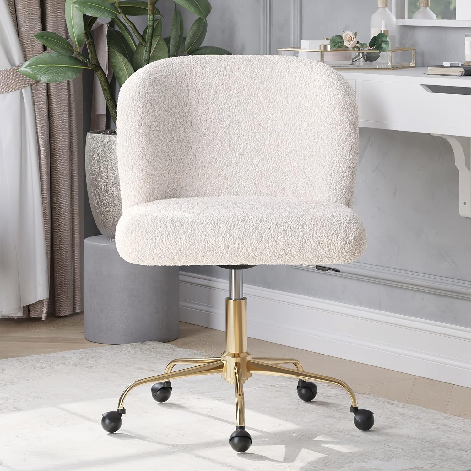 BELLEZE Modern Home Office Chair with Swivel Wheels and Adjustable Height, Upholstered Boucle Desk Chair with Arms Rolling Vanity, Stylish Comfy- Aston (Gold - White)