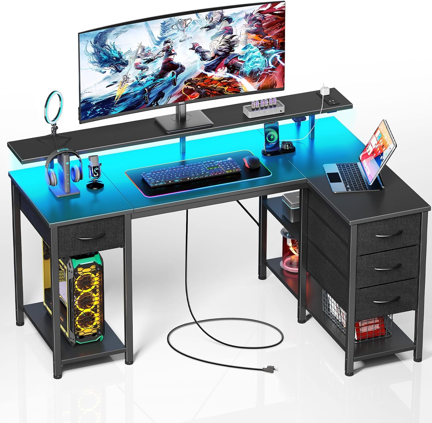 Seventable L Shaped Computer Desk with Drawers 55.1 inch, Gaming Desk with Power Outlets & LED Lights, Reversible Office Desk with Storage Shelves, Corner Desk with Monitor Stand Black