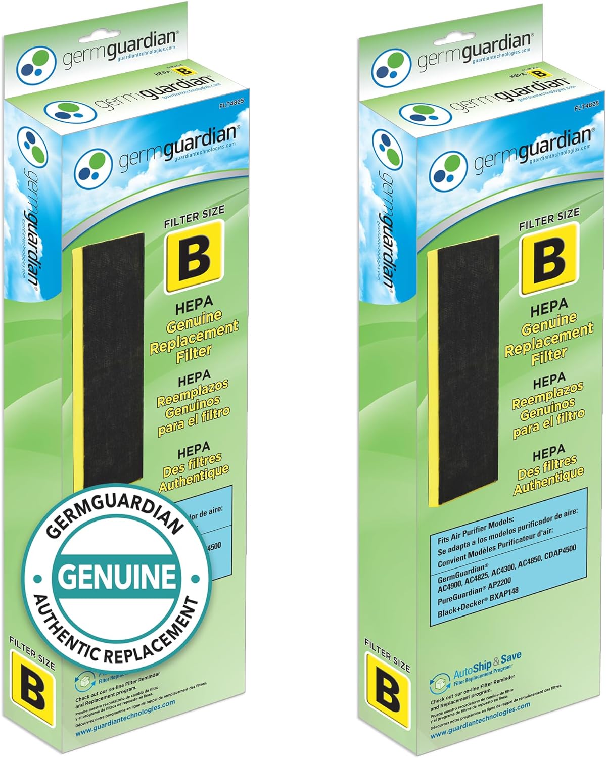 GermGuardian Filter B HEPA Pure Genuine Replacement Filter, Removes 99.97% of Pollutants for AC4825, AC4300, AC4900, AC4825DLX, AC4850, CDAP4500, AP2200, 2-Pack, Black/Yellow, FLT48252PK