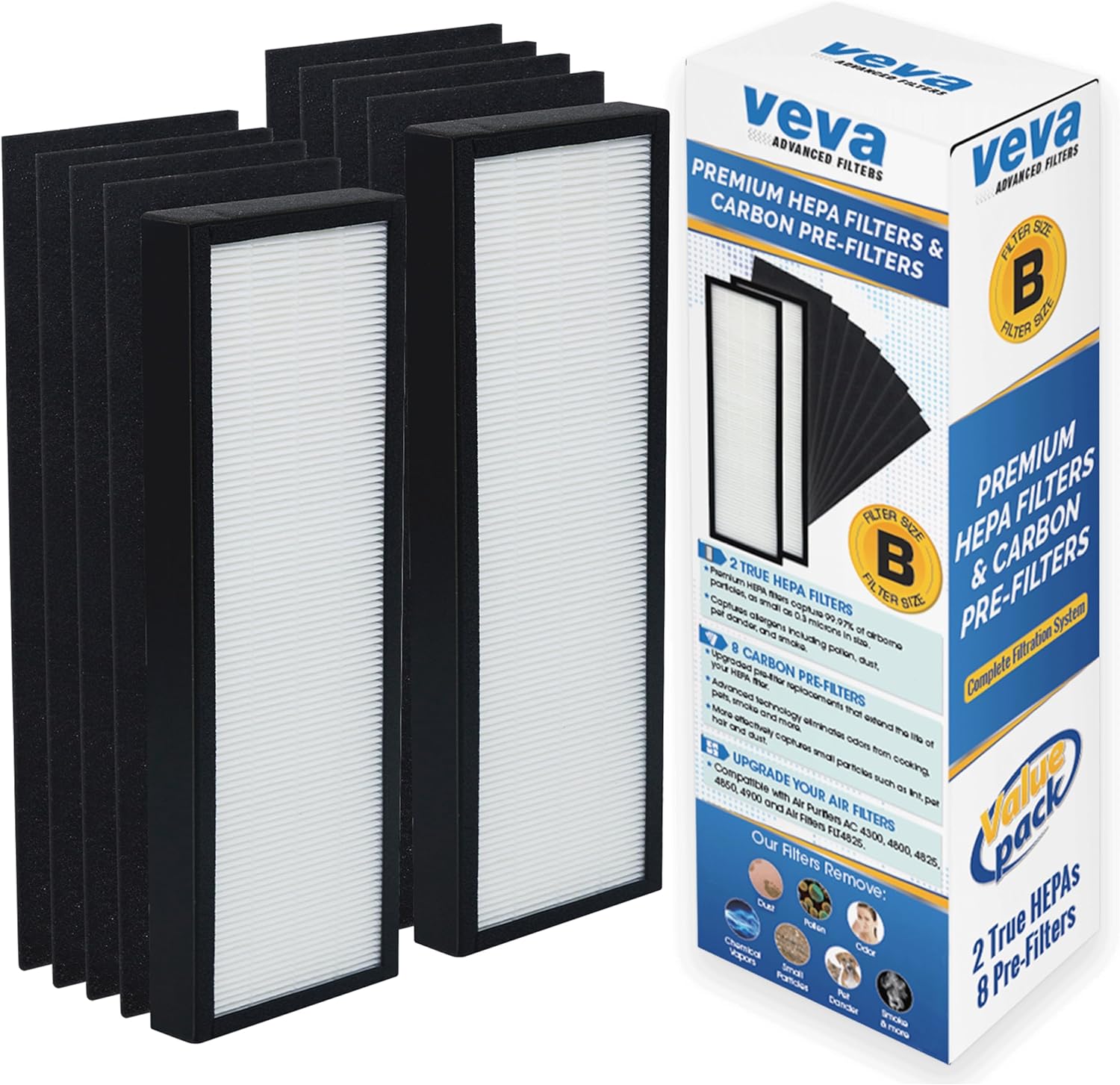 Veva HEPA Filter B Replacement, Compatible with Germ Guardian FLT4825 HEPA, AC4900CA, AC4825, AC4850PT, AC4820, Pack of 2 HEPA Filter / 8 Carbon Pre-Filters for GermGuardian Filter B