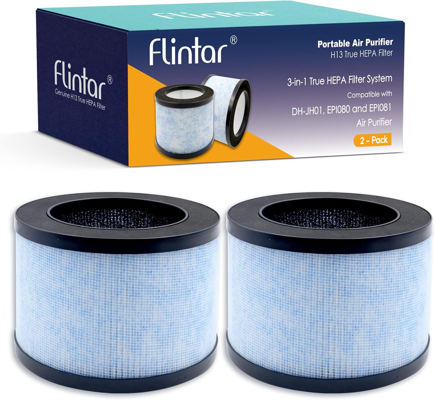 Flintar True HEPA Replacement Filter, Compatible with AROEVE MK01 MK06 and Kloudi Air Purifier DH-JH01, TZ-K1, Intelabe EPI080, and Elechomes EPI081, H13 Premium True HEPA Filter, 2-Pack