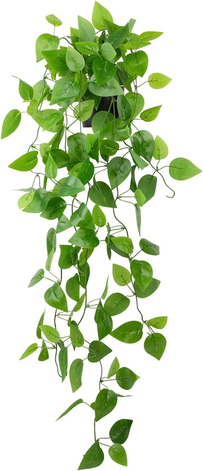 LOYWREE Small Fake Hanging Potted Plant, 37.7in Artificial Potted Plant Faux Ivy Vine Plant Hanging Plant Pothos for Shelf Home Office Indoor Outdoor Garden Greenery Decor (Black Pot)