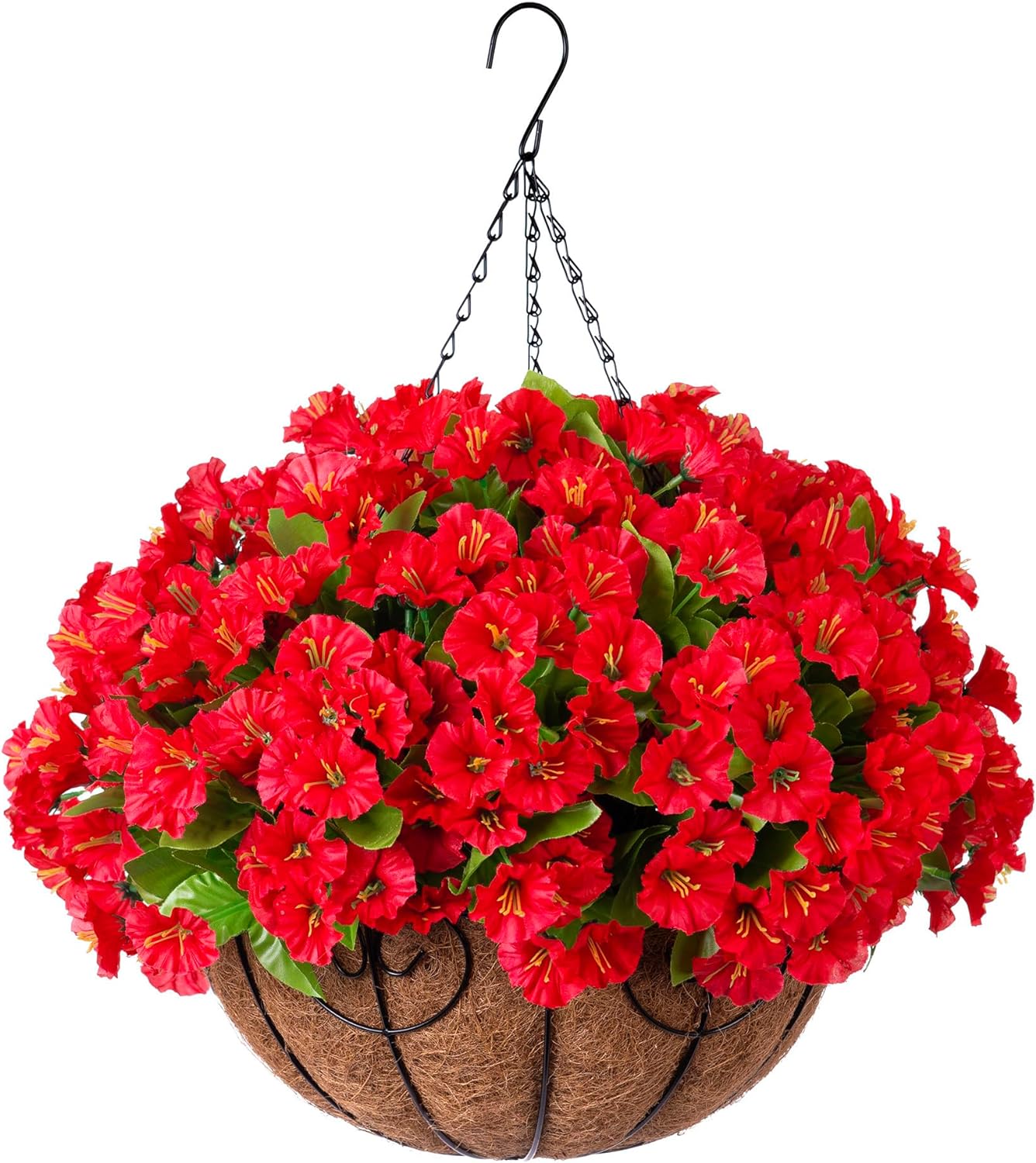 Ammyoo Artificial Hanging Flowers in Basket, Artificial Petunias Flower Arrangement,12 inch Coconut Lining Basket with MorningGlories Fake Plants for Patio Garden Porch Deck Decoration(Red)