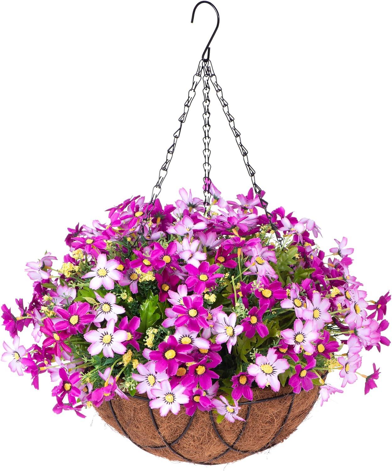 INXUGAO Artificial Hanging Flowerwith Basket for Home Courtyard Decoration, Artificial Silk Chrysanthemum Fake Plant Arrangement in 12 inch Coconut Lining Basket Outdoors Indoors Decor(Violet)