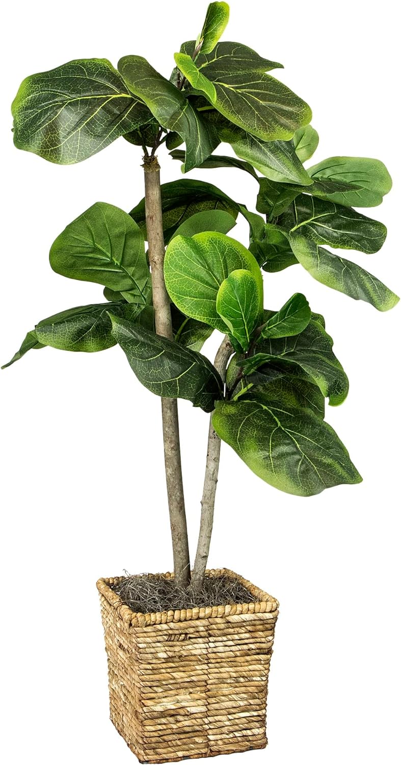 Artificial Fiddle Leaf Fig Tree 3.2FT Faux Indoor Floor Tree in Square Basket with Faux Dirt, Mini - Fake House Plant and Home Dcor for Living Room, Office, Kitchen, or Farmhouse - by LCG Florals