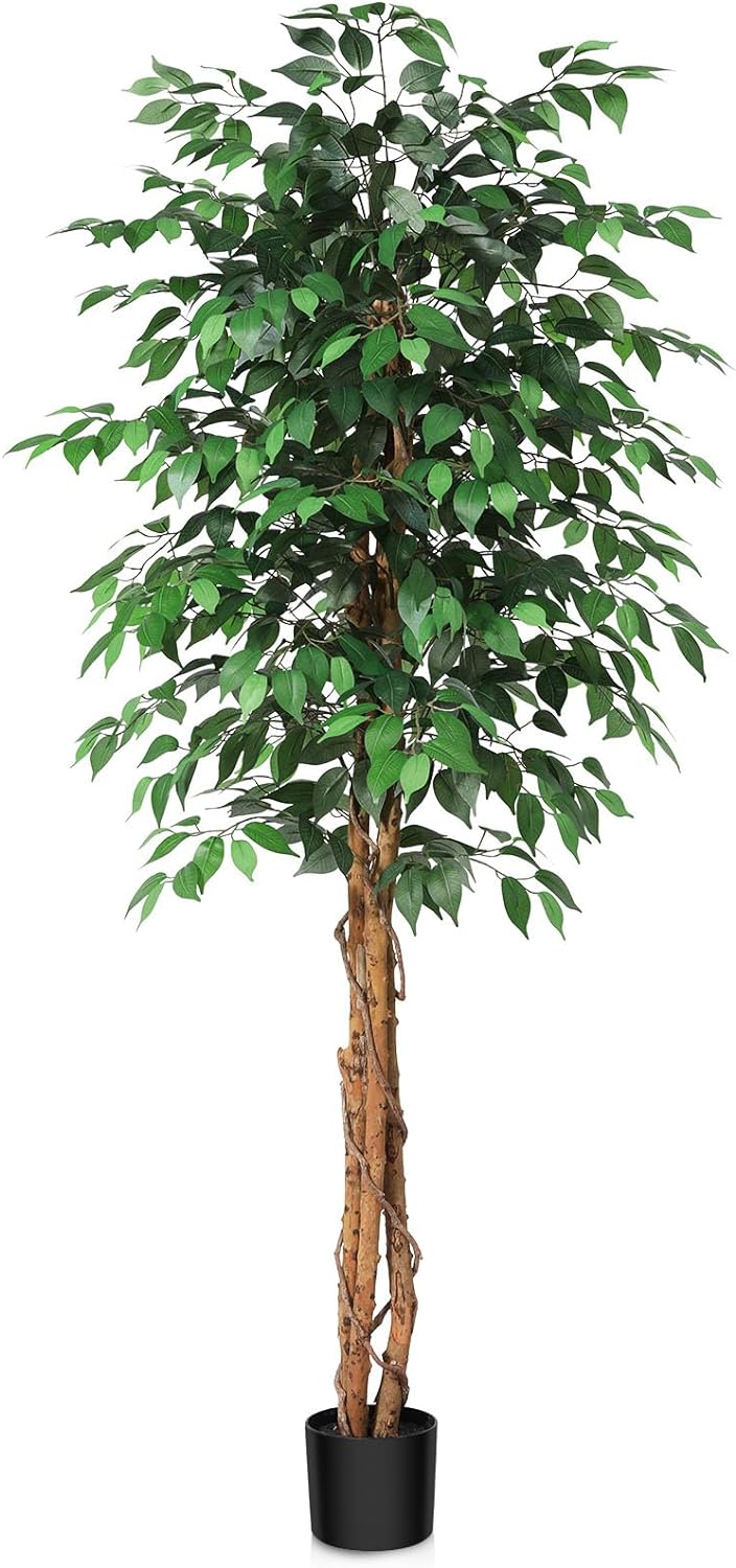 SOGUYI 6ft Artificial Ficus Tree with Natural Wood Trunk, Silk Fake Ficus Tree in Plastic Nursery Pot, Faux Plant for Office Home, Indoor Outdoor Decor, 1 Pack