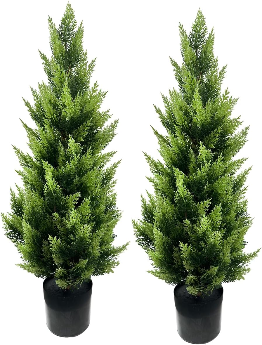 AfanD Artificial Cedar Trees 3ft(2pack) Indoor Outdoor UV Rated Potted Plants Artificial Topiary Artificial Shrubs Tree