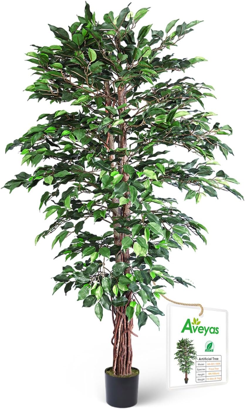 Aveyas 6ft Artificial Ficus Tree for Home Decor, 6 Feet Faux Plant Fake Silk Trees with Pot for Indoor Outdoor House Living Room Office Garden (6 ft Tall)