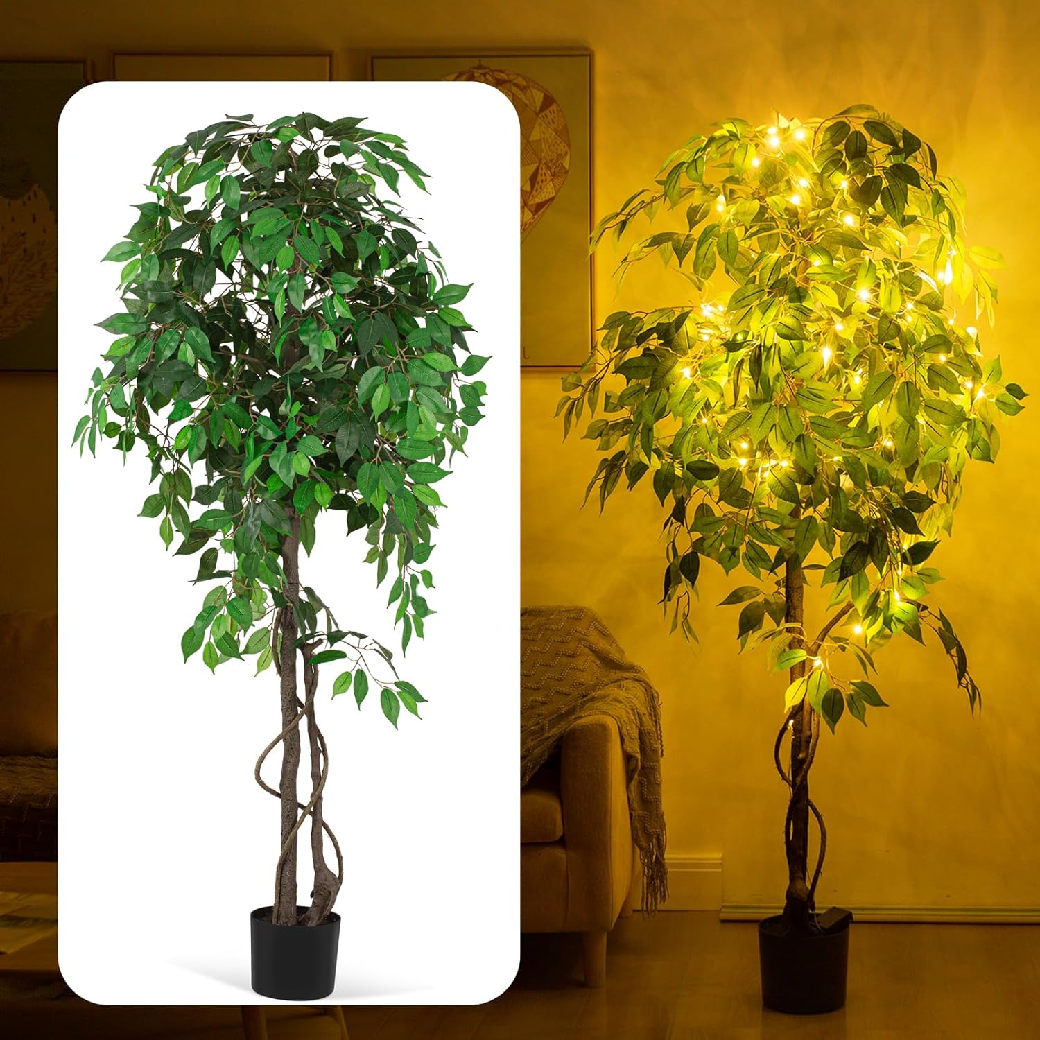 2 Pack 6FT Artificial Ficus Tree Tall Faux Trees Indoor, Fake Silk Tree Fake Plants with Plastic Nursery Pot for Office Home Farmhouse Living Room Floor Xmas Decor