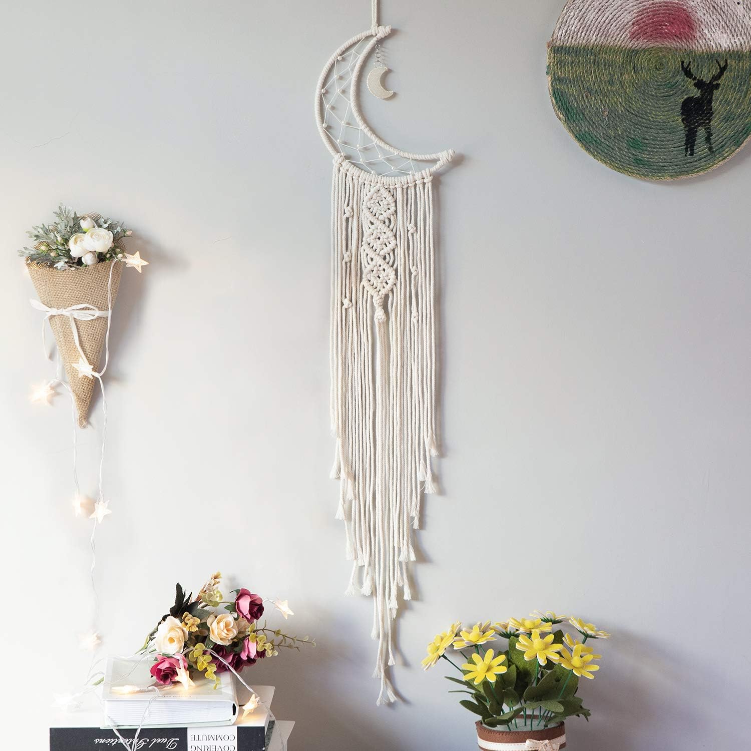 MOONFLY Dream Catcher with Handmade Moon Star Design Woven Cotton Dream Catchers Boho Macrame Wall Hanging Home Decoration Ornament Craft Gift (White Moon)