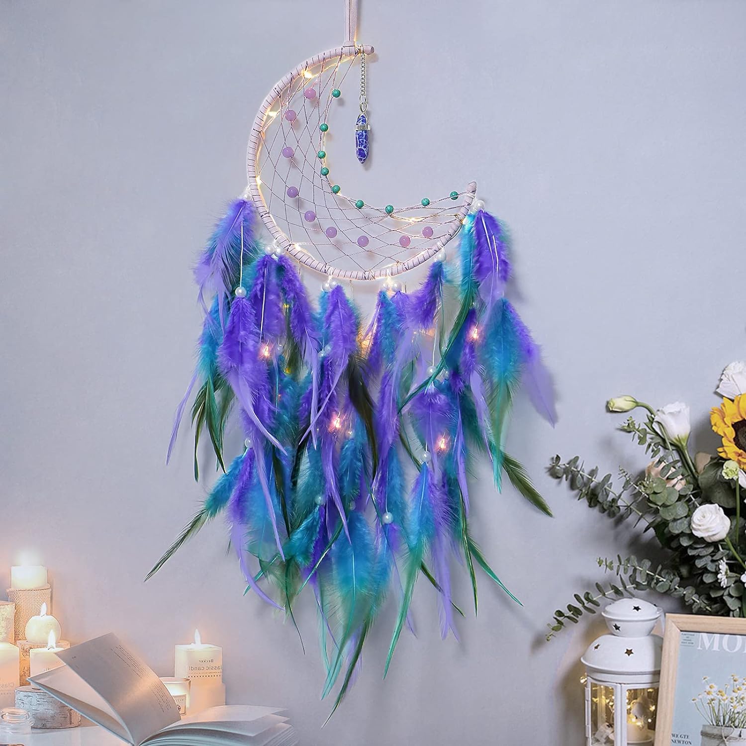 Dremisland Moon Dream Catcher with Fairy Lights-Handmade Feather Lucky Turquoise Pendant Beads Wall Hanging Ornament for Kids Bedroom Home Decoration,Art Craft Gift. (Blue&Purple)