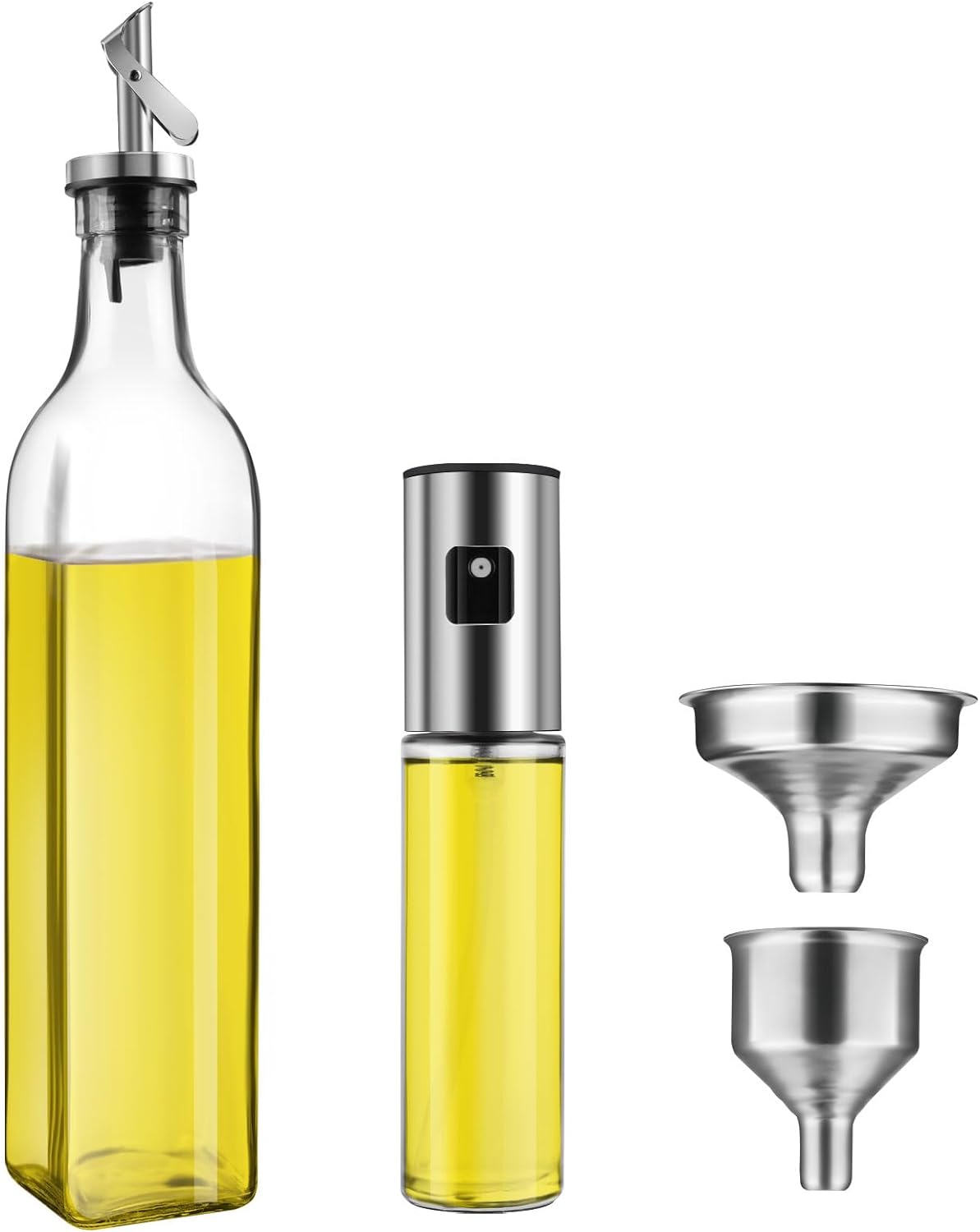 Kestbon Olive Oil Dispenser Bottle for Kitchen 17oz and 100ml Oil Sprayer for Cooking Set, Gravity Oil and Vinegar Dispenser Set, Oil Spray Bottle for Air Fryer, BBQ, Salad (Stainless Steel   Glass)