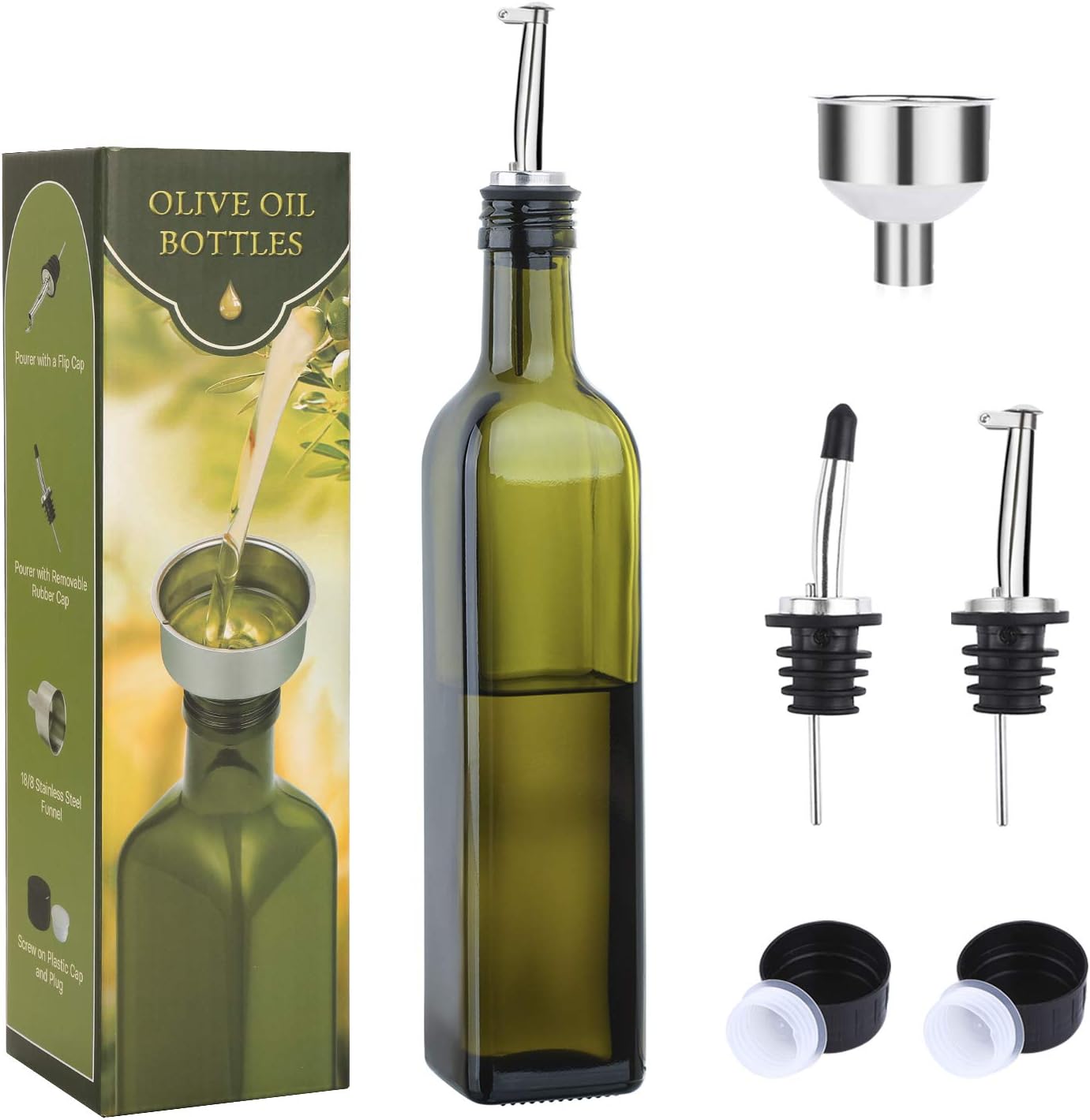 AOZITA 17oz Glass Olive Oil Bottle Dispenser - 500ml Green Oil and Vinegar Cruet with Pourers and Funnel - Olive Oil Carafe Decanter for Kitchen