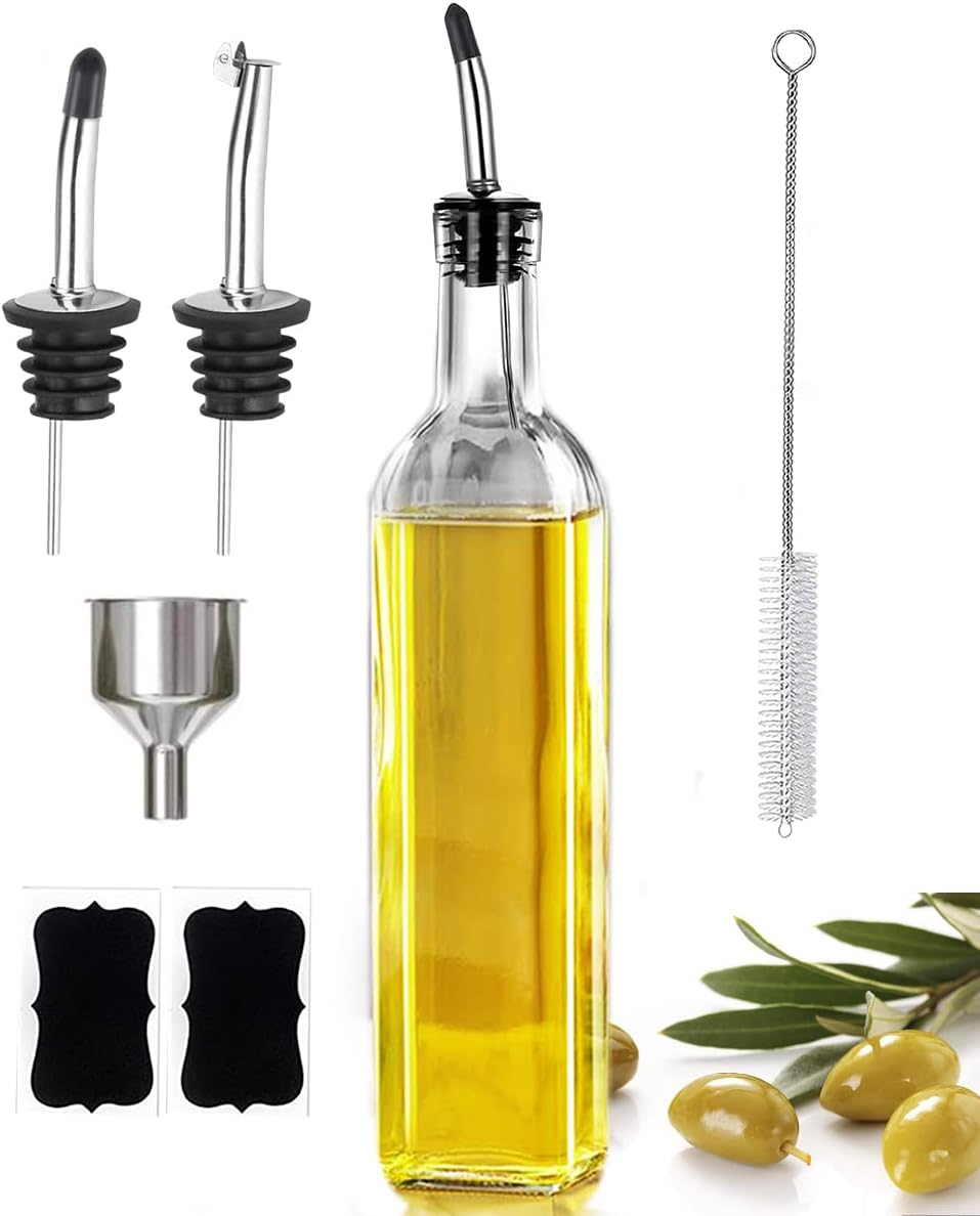 Leaflai 17oz Olive Oil Dispenser Bottle, 500ml Oil & Vinegar Cruet with 2 Stainless Steel Pourers, 2 Labels,1 Brush and 1 Funnel for Kitchen