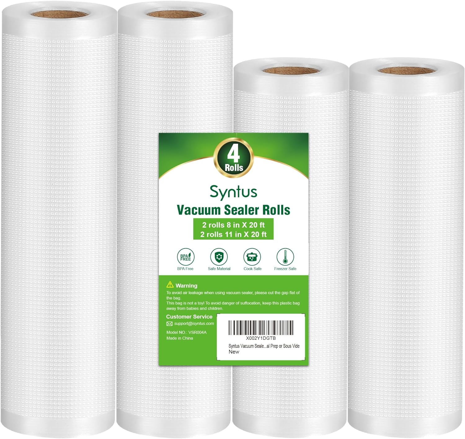 Syntus Vacuum Sealer Bags, 4 Pack 2 Roll 11 x 20' and 2 Roll 8 x 20' Commercial Grade Bag Rolls, Food Vac Bags for Storage, Meal Prep or Sous Vide