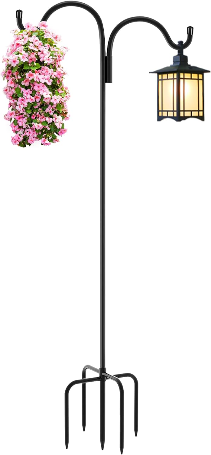 Gtongoko 92 Inch Adjustable Double Shepherd Hook with 5 Prong Base, 5/8 Inch Thick Heavy Duty Bird Feeder Pole for Bird Feeder Lanterns Weddings Decor 1 Pack