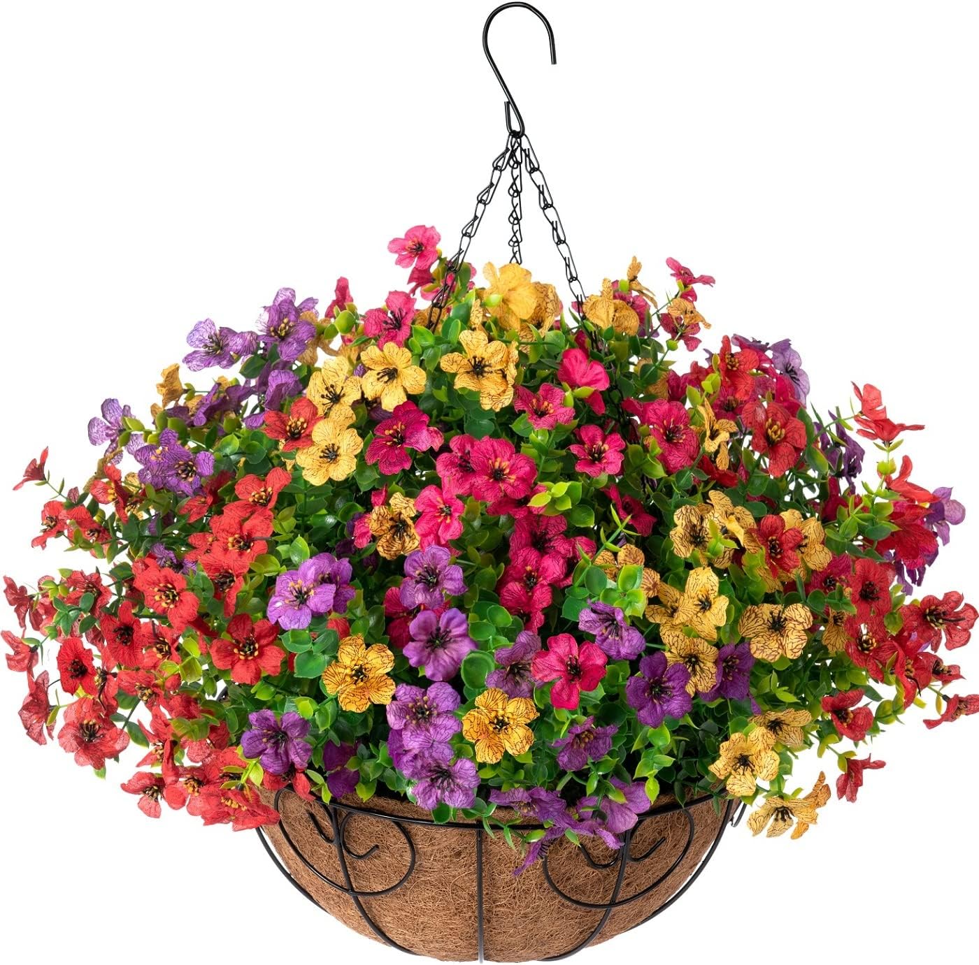 Artificial Fake Hanging Plants Flowers with Basket Outdoor Spring Decor Faux Silk Daisy Eucalyptus in Pot Planter Look Real UV Resistant for Porch Home Indoor Patio Balcony Yard Decoration, Mix Color