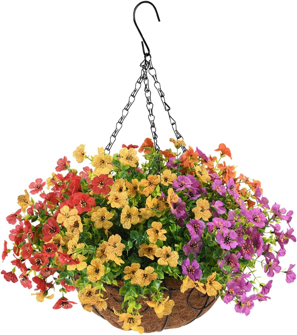 ZFProcess Artificial Silk Flowers in Hanging Basket Outdoor Indoor Patio Lawn Garden Decor,Hanging Daisy Basket with 12inch Coconut Lining Chain Palm Flowerpot(Multicolor)