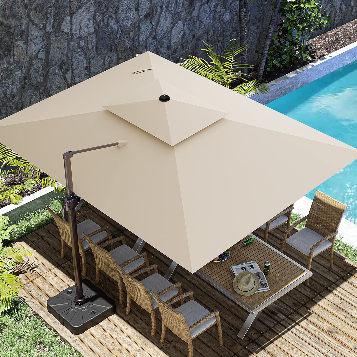 ZLACUIU 10x13FT Cantilever Outdoor Patio Umbrellas, Double Top Large Rectangle Umbrella, Heavy Duty 360 Rotation Offset Outdoor Sun Shade Umbrella for Garden Deck Pool Backyard Patio, Beige