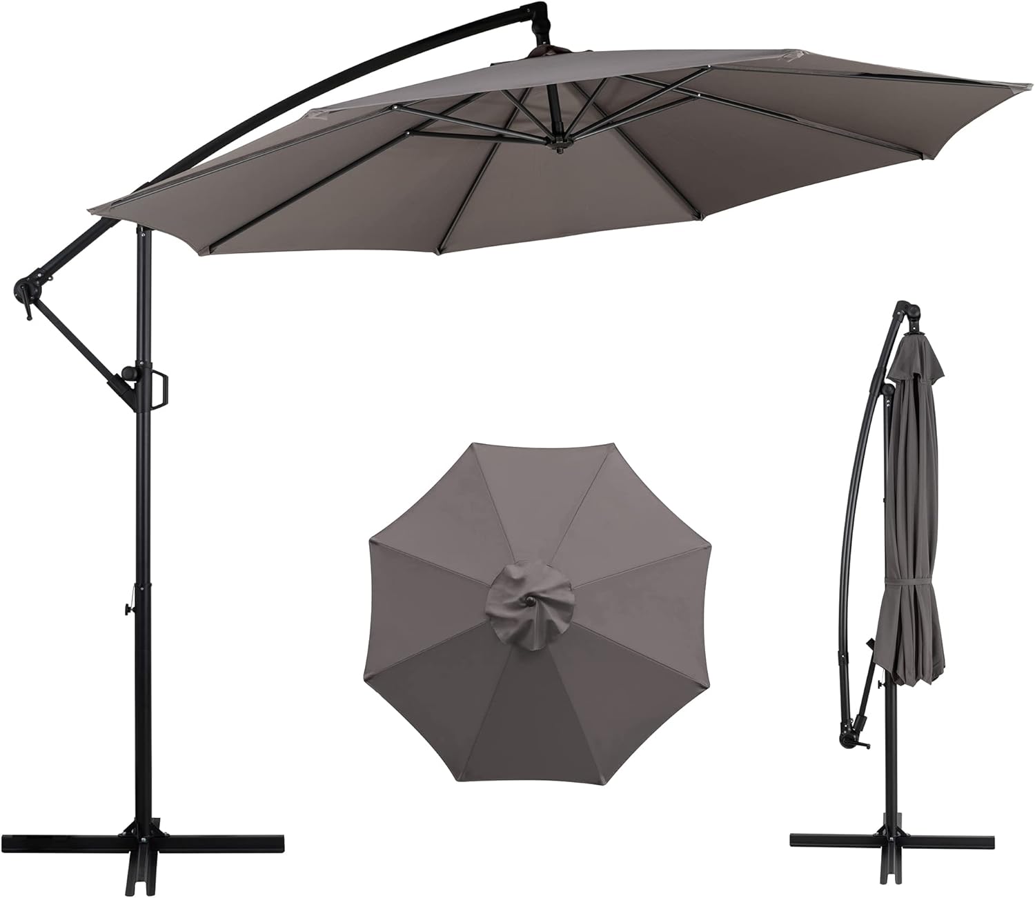 Shintenchi Patio Offset Umbrella w/Easy Tilt Adjustment,Crank and Cross Base, Outdoor Cantilever Hanging Umbrella with 8 Ribs, 95% UV protection and Waterproof Canopy, Dark Gray