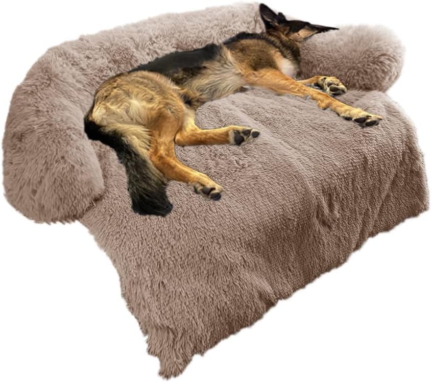 Calming Dog Bed Fluffy Plush Dog Mat for Furniture Protector with Removable Washable Cover for Large Medium Small Dogs and Cats (Large(45x37x6), Light Brown)