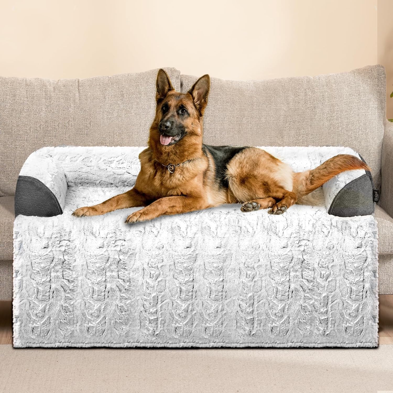 blunique Faux Fur Dog Couch Bed for Large Dog, Waterproof Dog Bed for Couch Protector, Calming Dog Bed Washable with Memory Foam for Pet Sofa Cover, XLarge 45x37 Inches