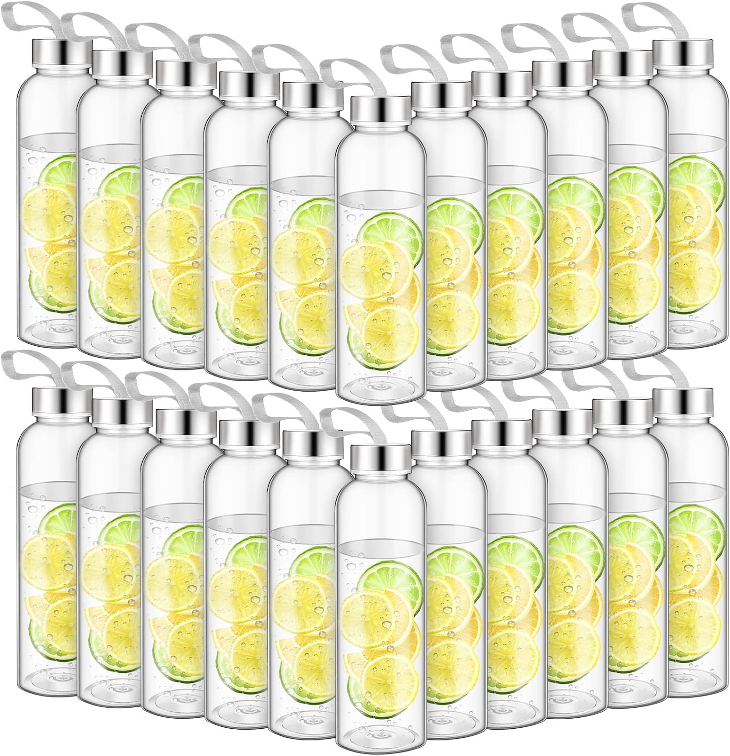 Zubebe 20 Pcs Reusable Water Bottles Bulk Clear Bottles with Stainless Steel Leak Proof Lids Acrylic Bottles with Nylon Carrying Strap Shaker Bottles for Water, Milk, Smoothie, Juice Beverage (17 oz)