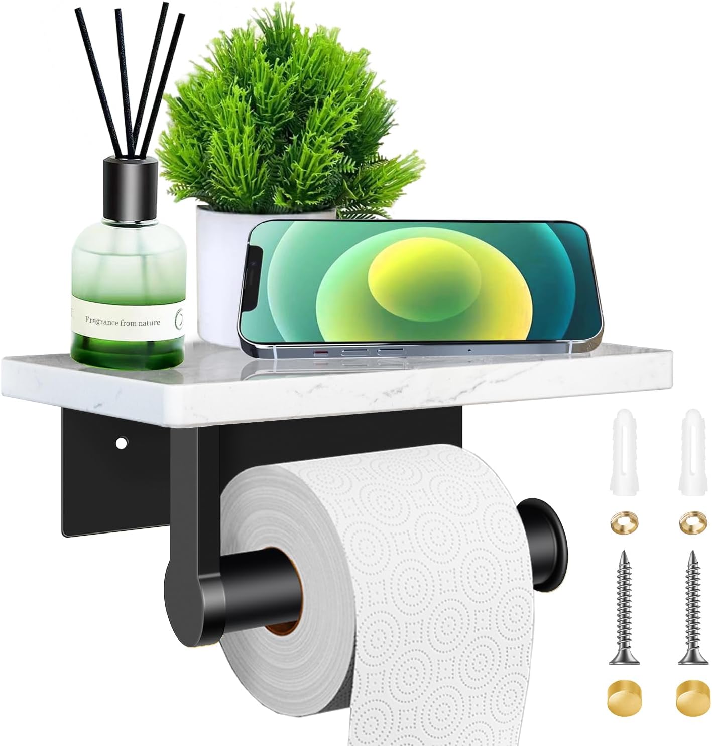 Natural Marble Toilet Paper Holder with Shelf-Toilet Paper Tissue Roll Holder Wall Mounted with Premium 304 Stainless Steel Base Handle, Sturdy & Rustproof, Modern Style, Perfect for Bathroom Washroom