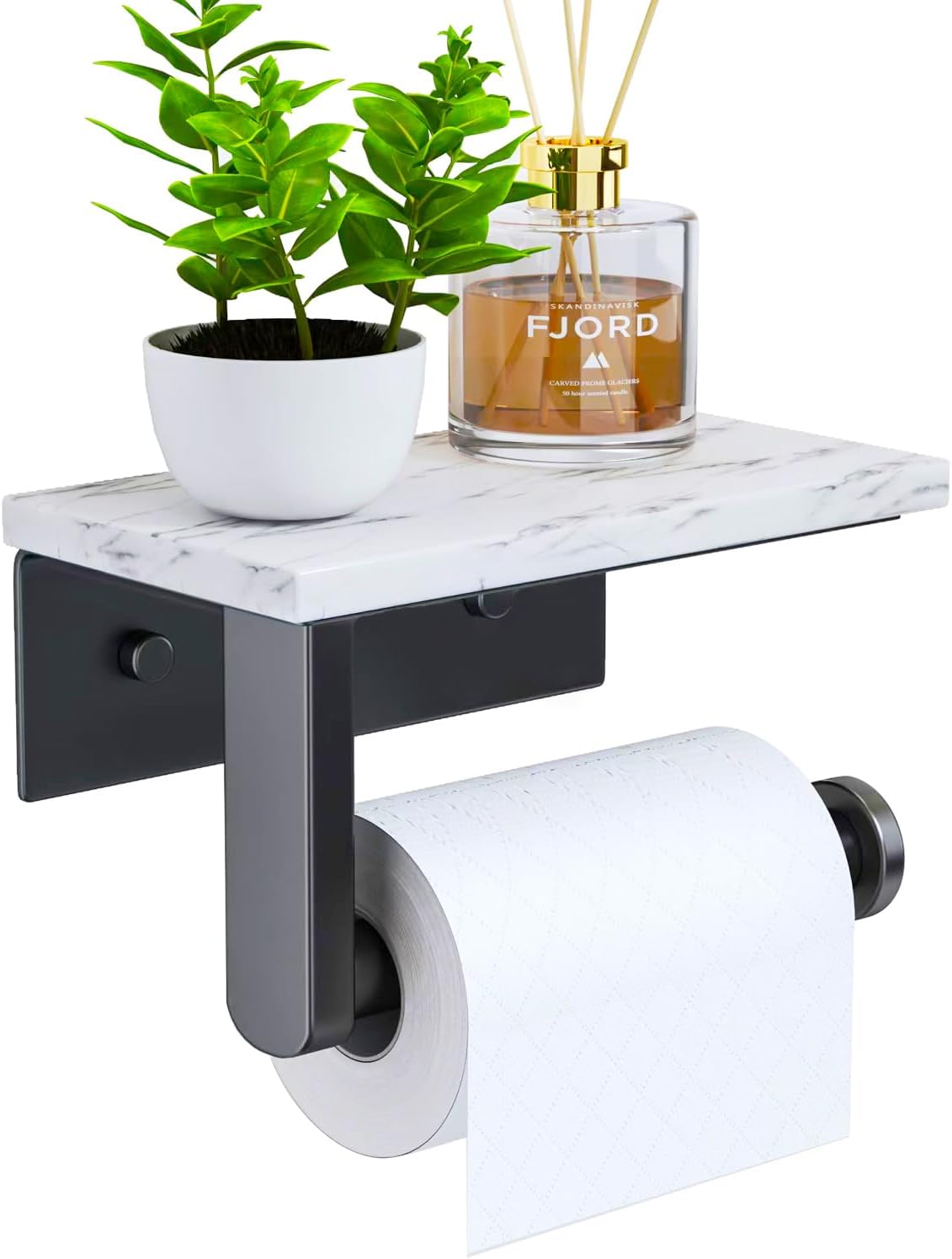 WOJIUBUXIN Marble Toilet Paper Holder with Shelf Black Toilet Paper Roll Holder Wall Mount for Bathroom Cabinet Decorative,Matte Black Finish,Modern Style,Screw-in,Each Marble with A Unique Pattern