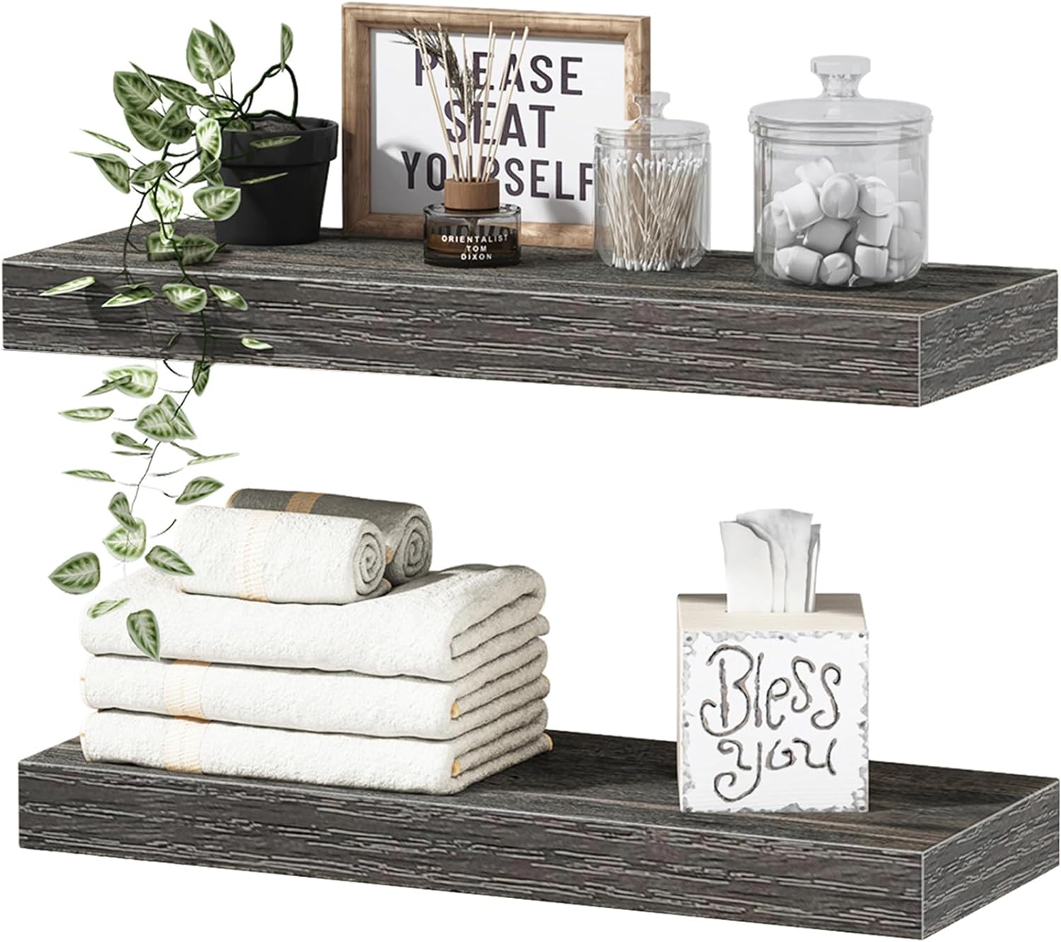 QEEIG Bathroom Shelves Wall Shelf Over Toilet Small 16 inch Set of 2, Rustic Grey (008-40GY)