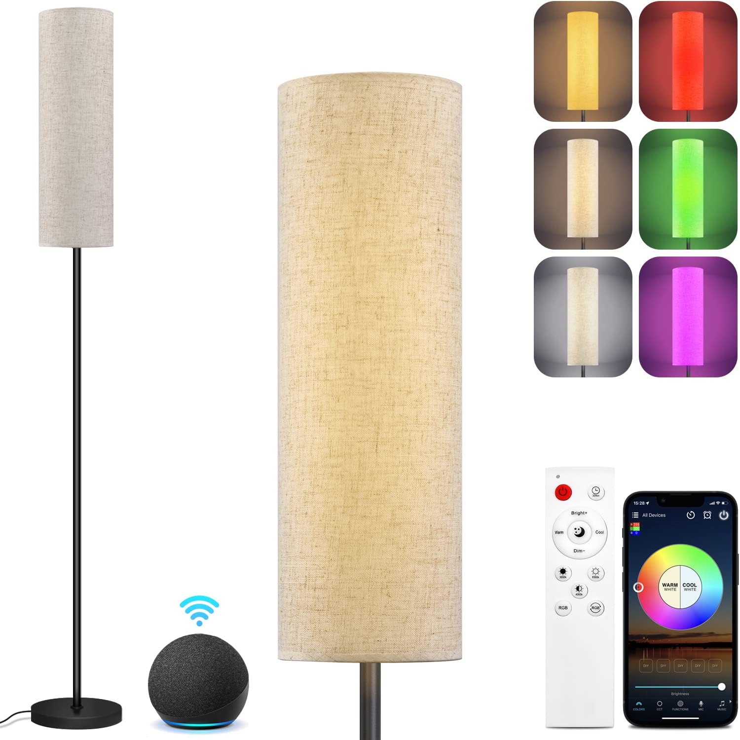 RGB Smart LED Floor Lamps for Living Room, Compatible with Alexa, Google Home, 69 Tall Modern Standing Lamp for Bedroom with Remote & WiFi APP Control, 2700k-6500k Corner Lamp with Linen Lampshade